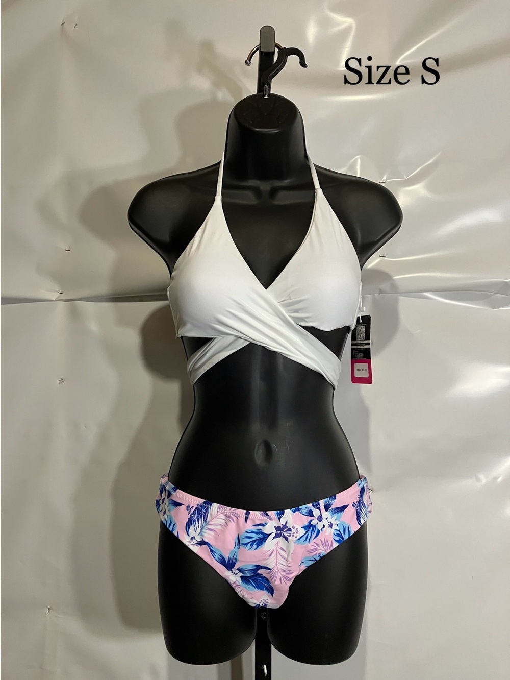 Women’s White Wrap Halter Bikini Top with Pink Tropical Print Bottom Size S